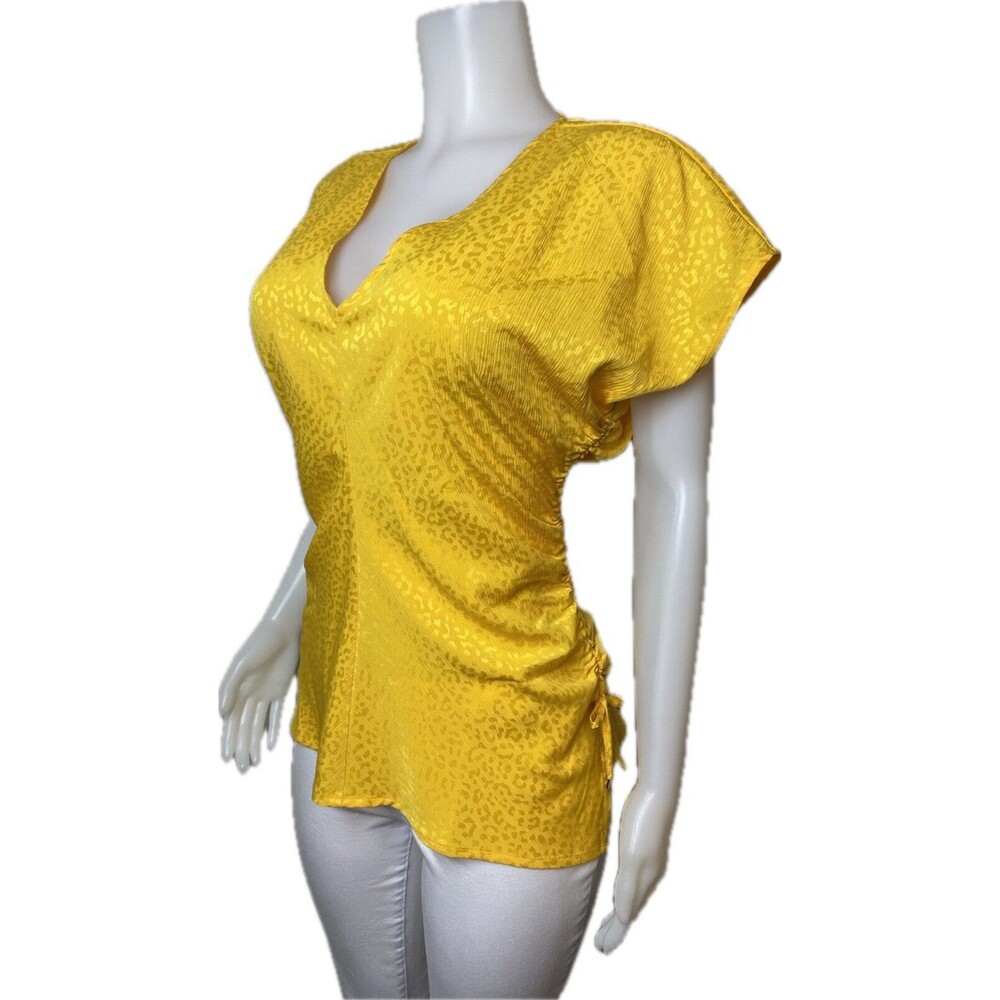 F. Michael Kors Top XL Ruched Yellow Blouse Cap Sleeve V Neck NWT $98